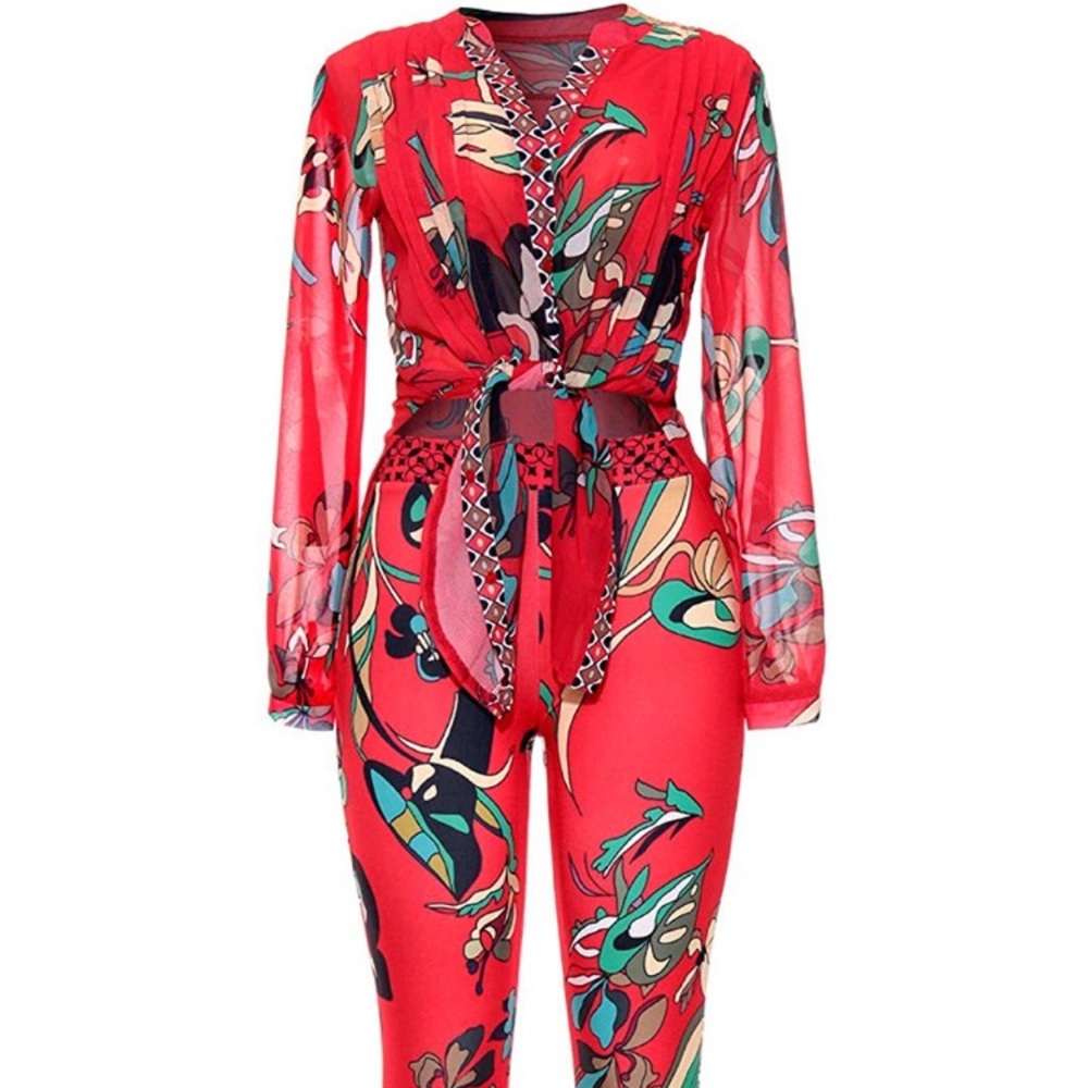 Floral Print Chiffon Blouse + Bodycon Pants Set